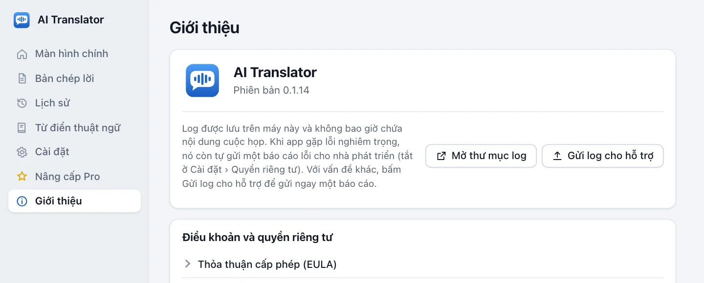 Màn hình Giới thiệu: tên app, dòng Phiên bản, hai nút Mở thư mục log và Gửi log cho hỗ trợ, và mục điều khoản và quyền riêng tư