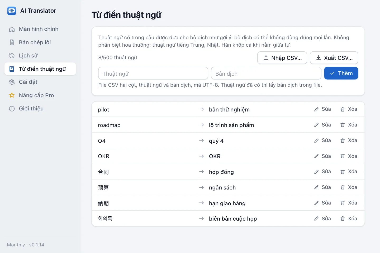 Từ điển thuật ngữ với các cặp thuật ngữ nguồn và bản dịch cùng nút nhập và xuất CSV