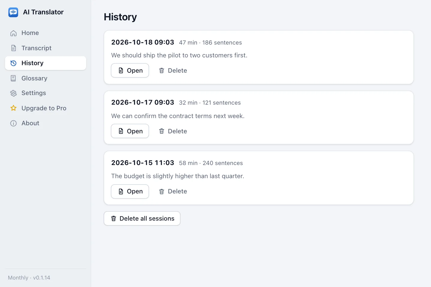 The History screen: a list of saved sessions with date and time, minutes, sentence count, a preview and Open and Delete buttons