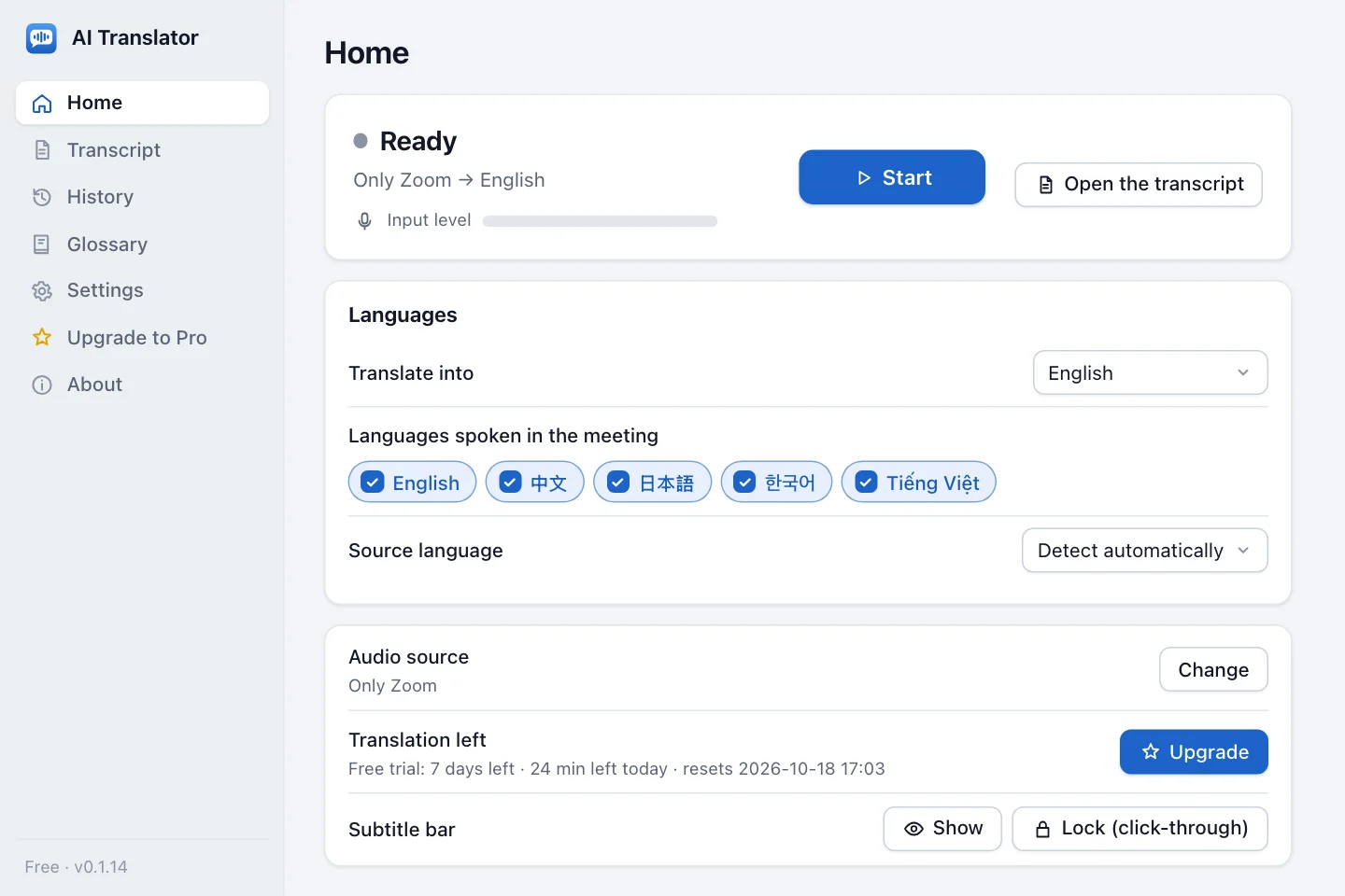 AI Translator main screen with the Languages card: the language to translate into and the languages spoken in the meeting