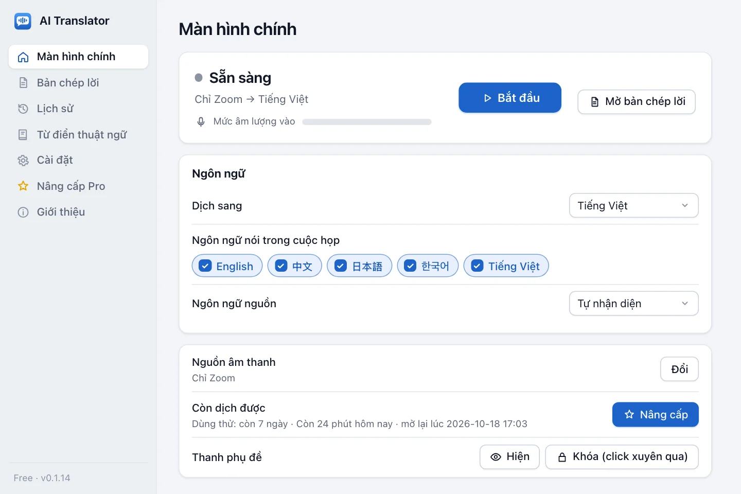 Màn hình chính của AI Translator với thẻ chọn ngôn ngữ dịch và ngôn ngữ nói trong cuộc họp