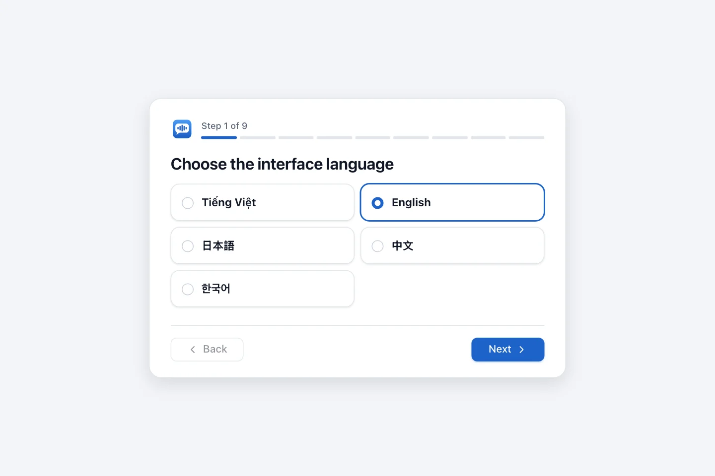 First screen of the setup wizard with five interface language options: Tiếng Việt, English, 日本語, 中文 and 한국어