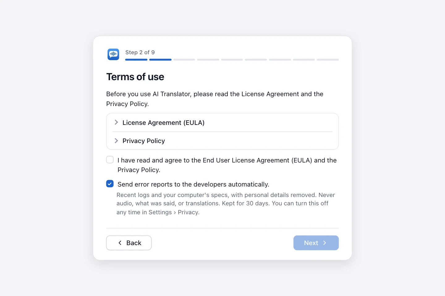 Terms of use step with two collapsible documents, the required consent checkbox and an optional, pre-ticked checkbox for automatic error reports