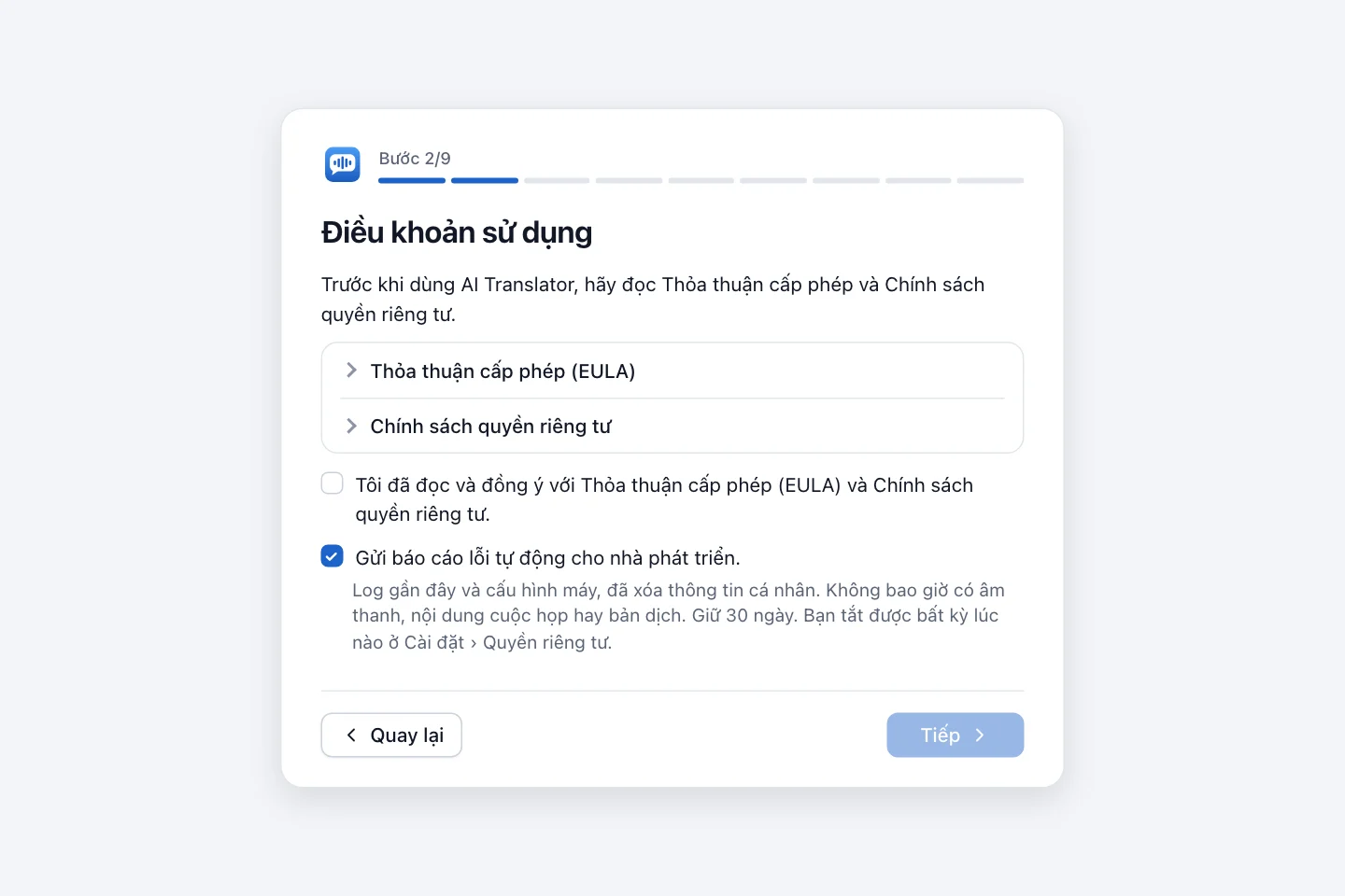 Bước Điều khoản sử dụng với hai văn bản gập được, ô tick đồng ý bắt buộc và ô tùy chọn gửi báo cáo lỗi tự động đã tích sẵn