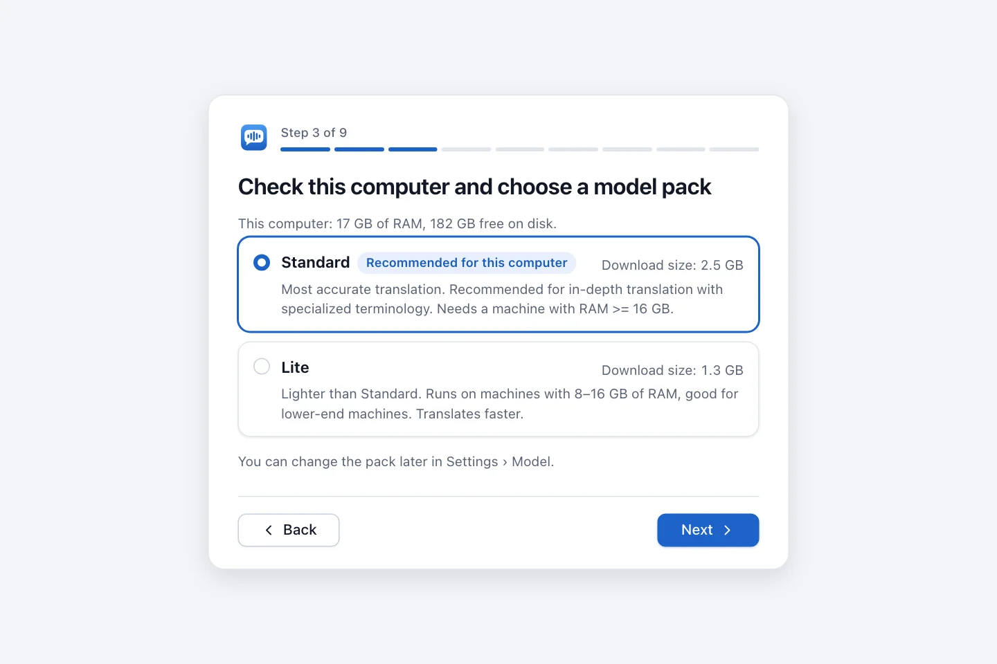 Computer check step showing memory, free disk space and the recommended model pack