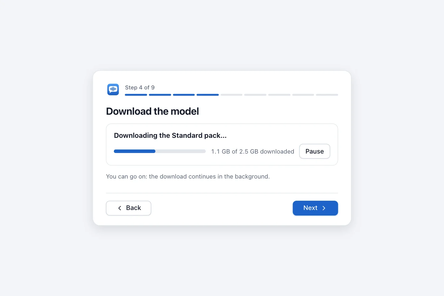 Model download step with a progress bar and a pause button