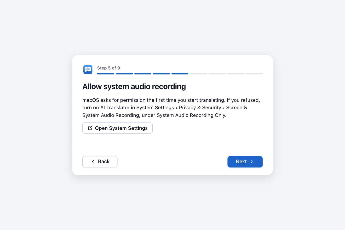 Allow system audio recording step with an Open System Settings button