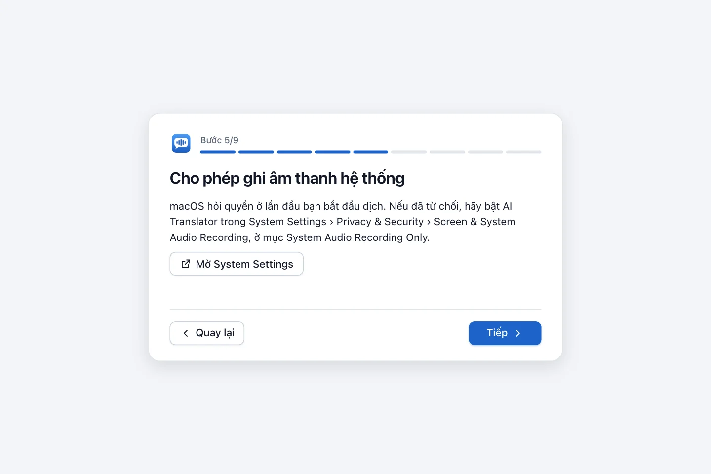 Bước Cho phép ghi âm thanh hệ thống kèm nút Mở System Settings
