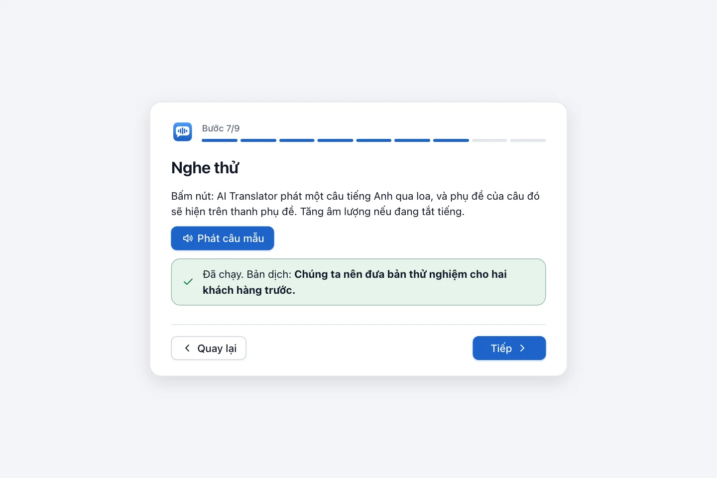 Bước Nghe thử với nút Phát câu mẫu