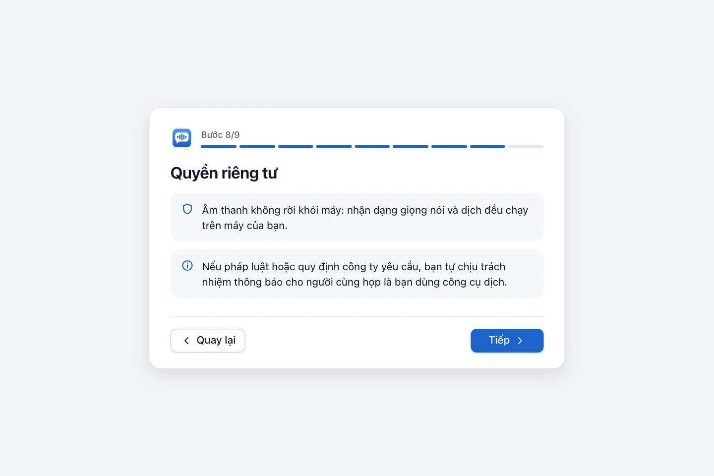 Bước Quyền riêng tư nói âm thanh không rời khỏi máy và trách nhiệm thông báo cho người cùng họp