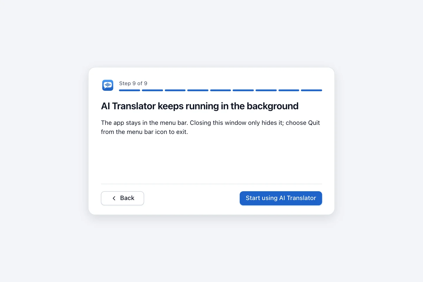 Last step saying AI Translator keeps running in the menu bar when you close the window