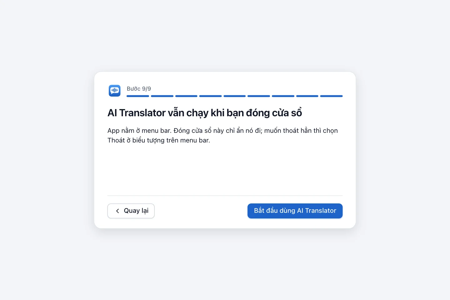 Bước cuối nói AI Translator vẫn chạy ở menu bar khi bạn đóng cửa sổ