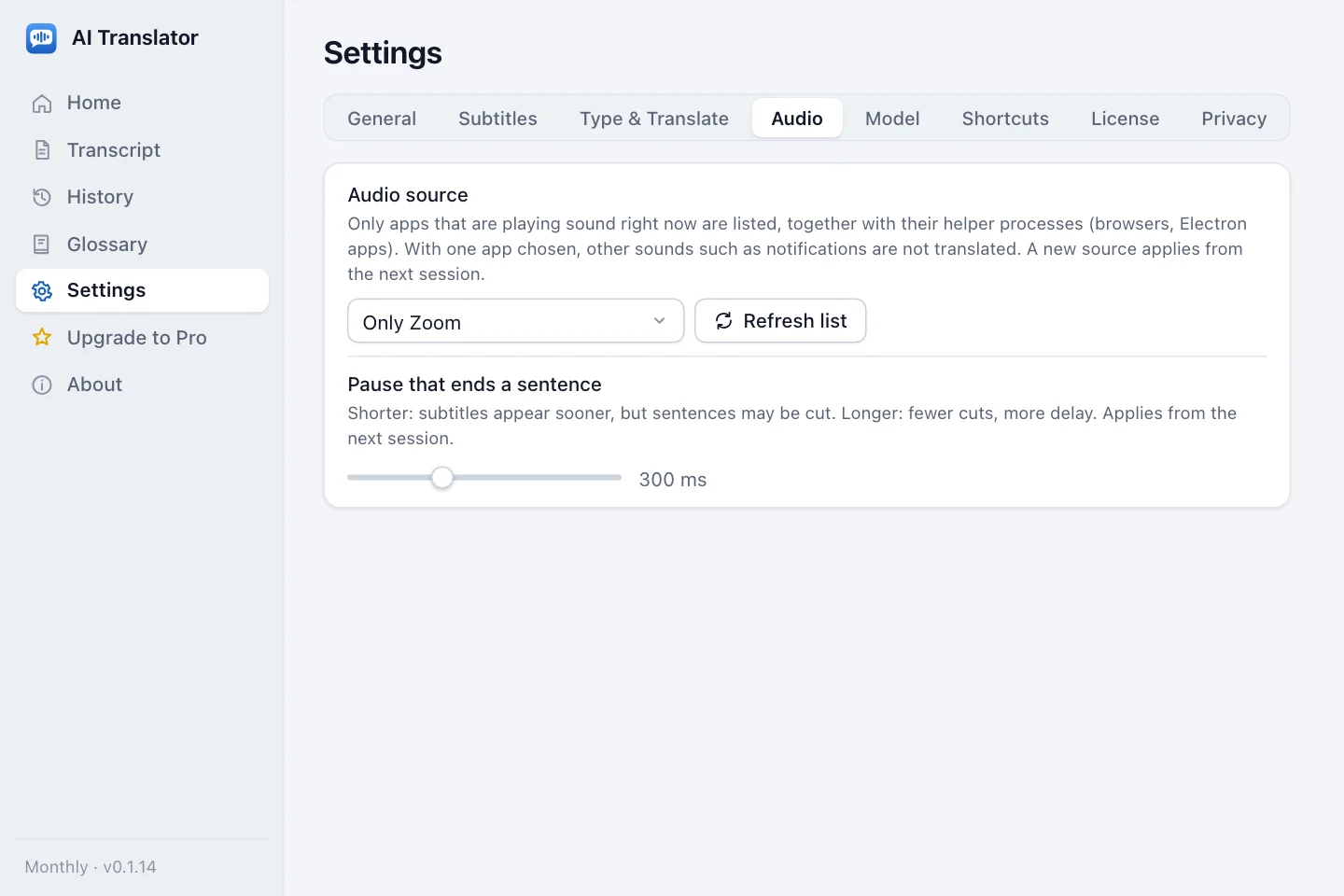 Audio settings: the audio source picker (set to Zoom only) and a Refresh list button for the apps playing sound