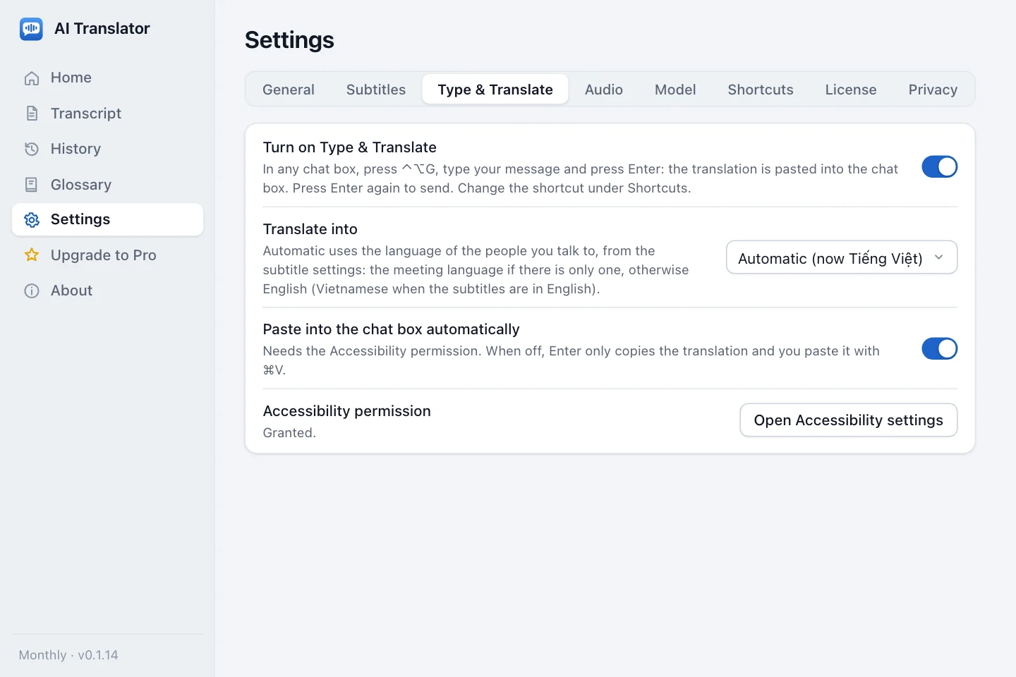 The Type & Translate settings group: the Turn on Type & Translate switch, Translate into set to Automatic, the Paste into the chat box automatically switch and the Accessibility permission row showing Granted with an Open Accessibility settings button