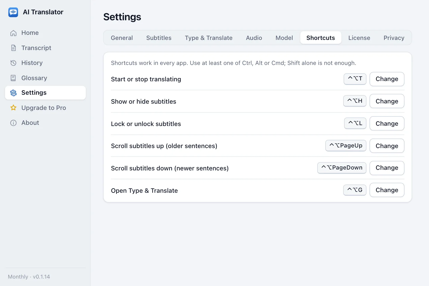 Shortcuts settings showing the six default shortcuts on macOS