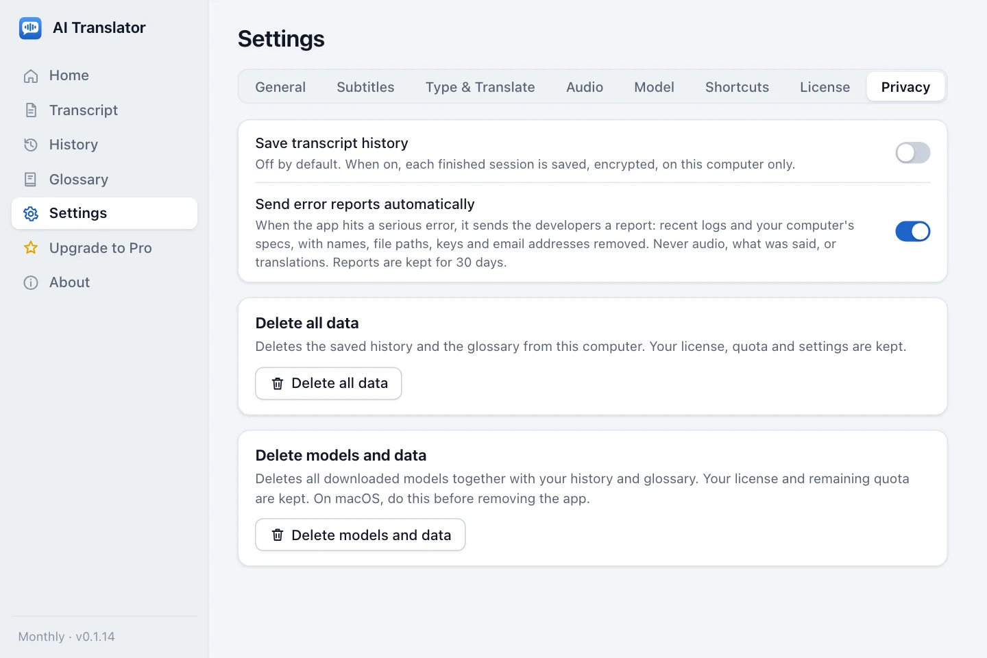 Privacy settings: the Save transcript history switch (off), the Send error reports automatically switch (on), the Delete all data button and the Delete models and data button