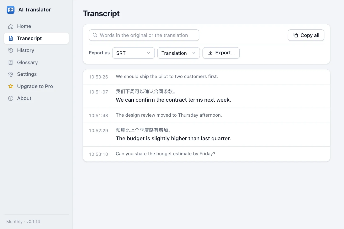 Transcript with time, original sentence and translation, a search box, a Copy all button and an export format picker
