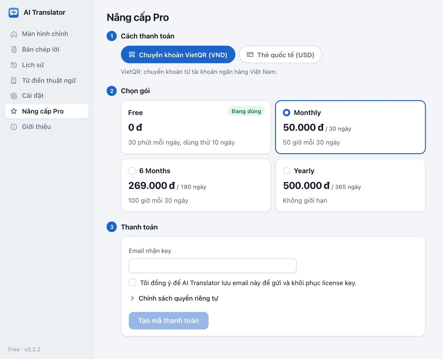Màn hình Nâng cấp trong app ở giao diện tiếng Việt, chọn sẵn VietQR: bước 1 Cách thanh toán (Chuyển khoản VietQR (VND) đang chọn, Thẻ quốc tế (USD)) và bước 2 Chọn gói với bốn gói Free, Monthly, 6 Months và Yearly, hạn mức và giá bằng VND