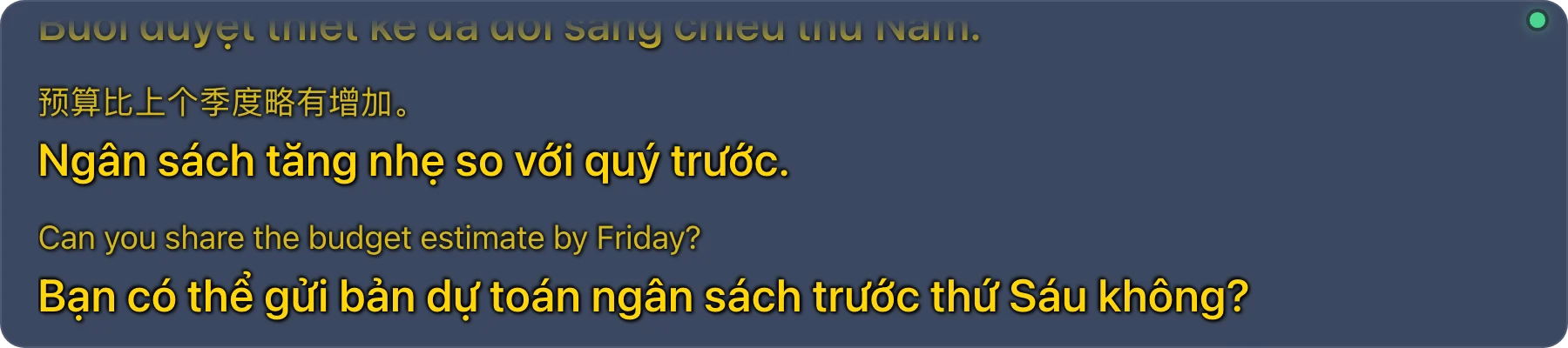 Thanh phụ đề với chữ vàng trên nền xanh navy, cỡ chữ lớn