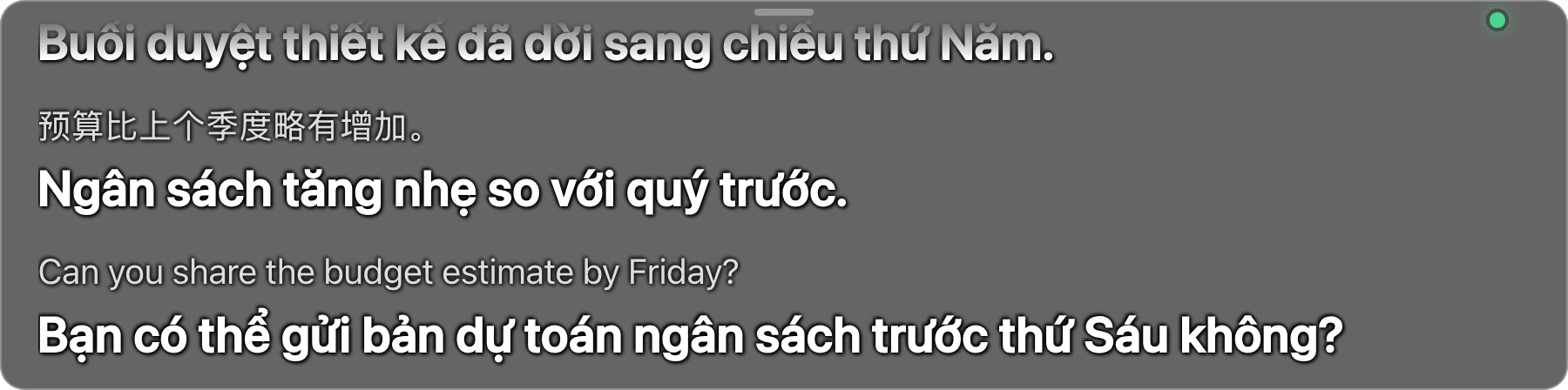 Thanh phụ đề của AI Translator hiện câu tiếng Anh và bản dịch tiếng Việt bên dưới