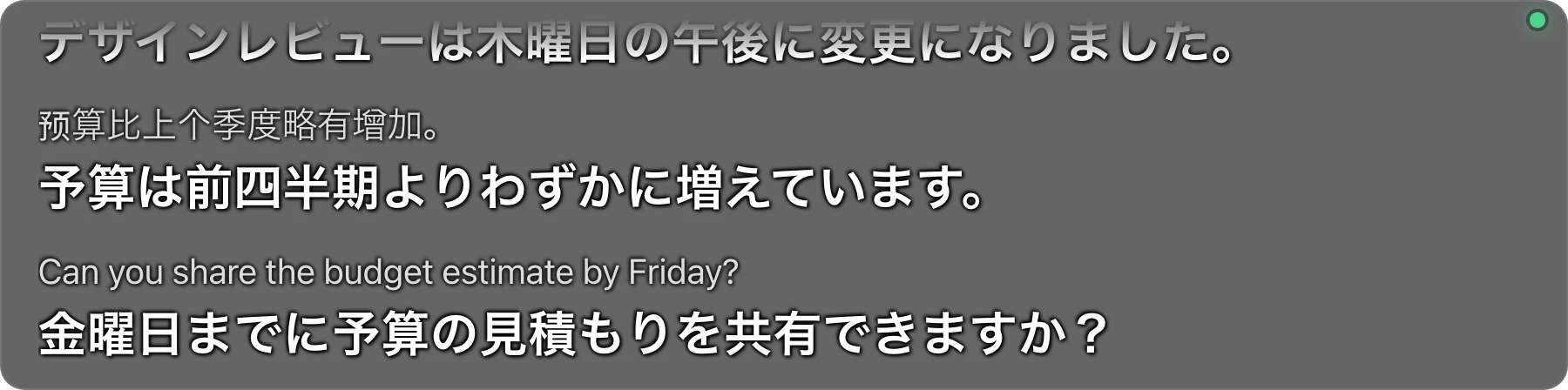 つまみもボタンもない、ロックされた字幕バー。会議の画面の上に翻訳を表示