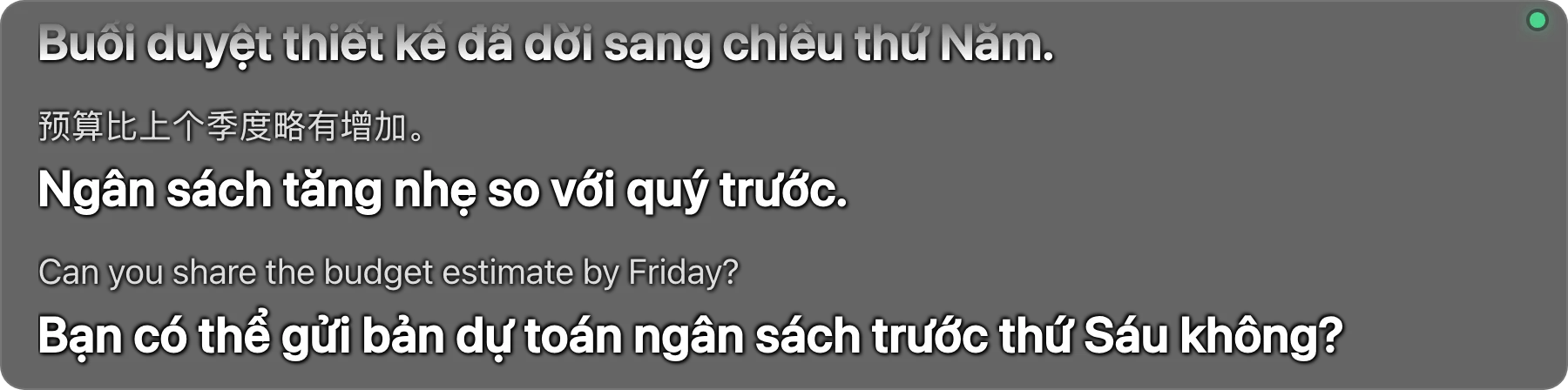 Thanh phụ đề đã khóa, không tay nắm, không có nút nào, hiện bản dịch trên nền cuộc họp